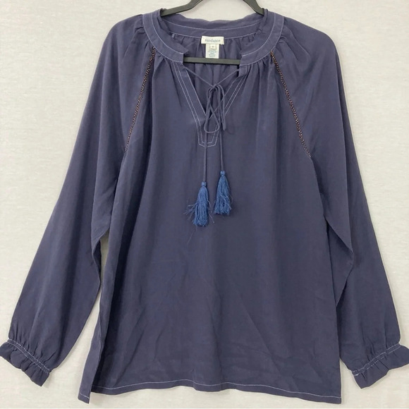 Sundance Navy Purple 100% Silk Tie Front Long Sleeve Top size Small - Picture 1 of 9